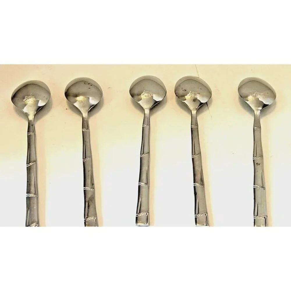 PRESENT Japan Stainless BORNES Line‎ 5 Spoons Dotted Bamboo Handle 7.5